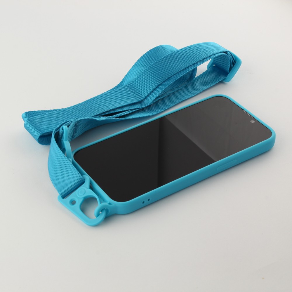 iPhone 13 Pro Max Case Hülle - Silikon mit Kordel und Haken - Hellblau