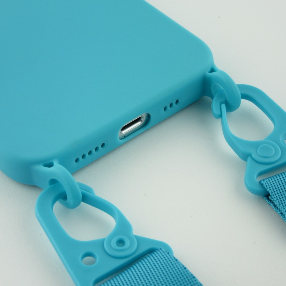 Coque iPhone 13 Pro Max - Silicone avec lanière et crochet - Bleu clair