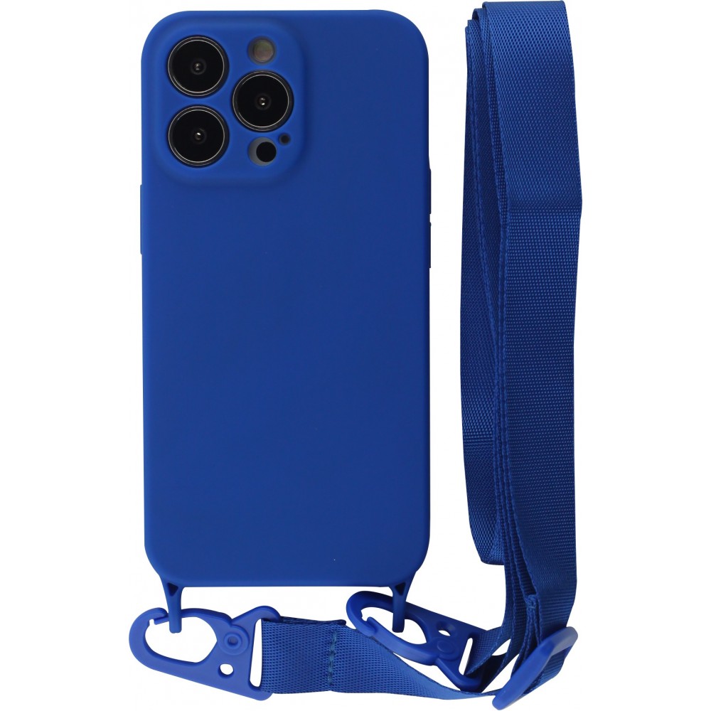 Coque iPhone 13 Pro Max - Silicone avec lanière et crochet - Bleu foncé
