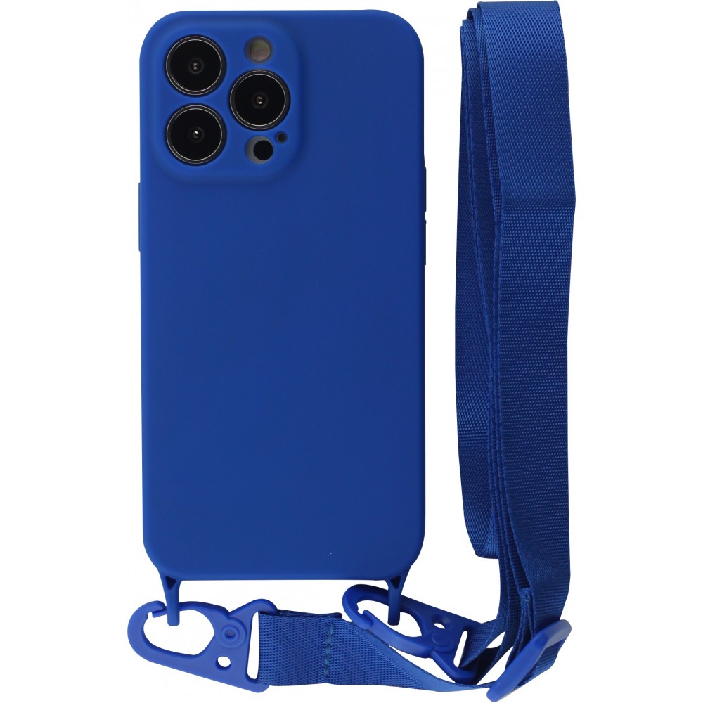 Coque iPhone 13 Pro - Silicone avec lanière et crochet - Bleu foncé