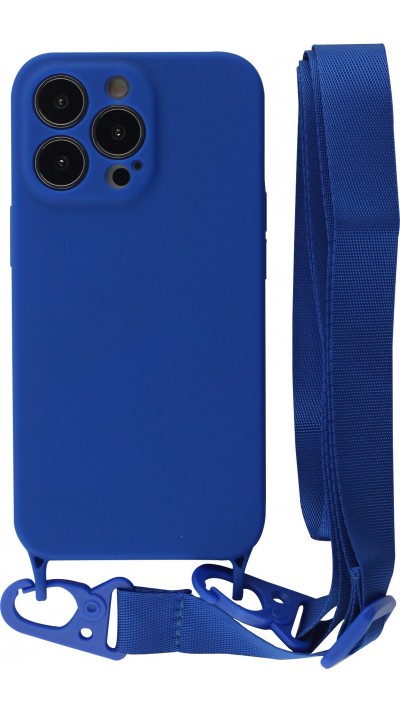 Coque iPhone 13 Pro - Silicone avec lanière et crochet - Bleu foncé