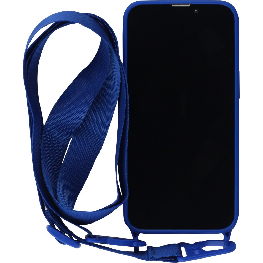 Coque iPhone 13 Pro - Silicone avec lanière et crochet - Bleu foncé