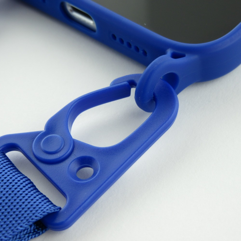 Coque iPhone 13 Pro - Silicone avec lanière et crochet - Bleu foncé