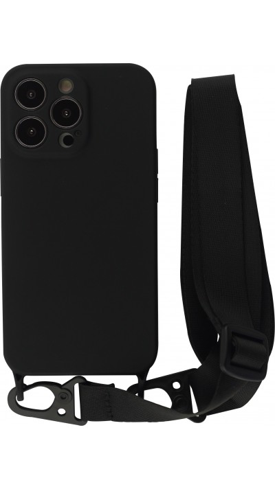 Coque iPhone 13 Pro - Silicone avec lanière et crochet - Noir