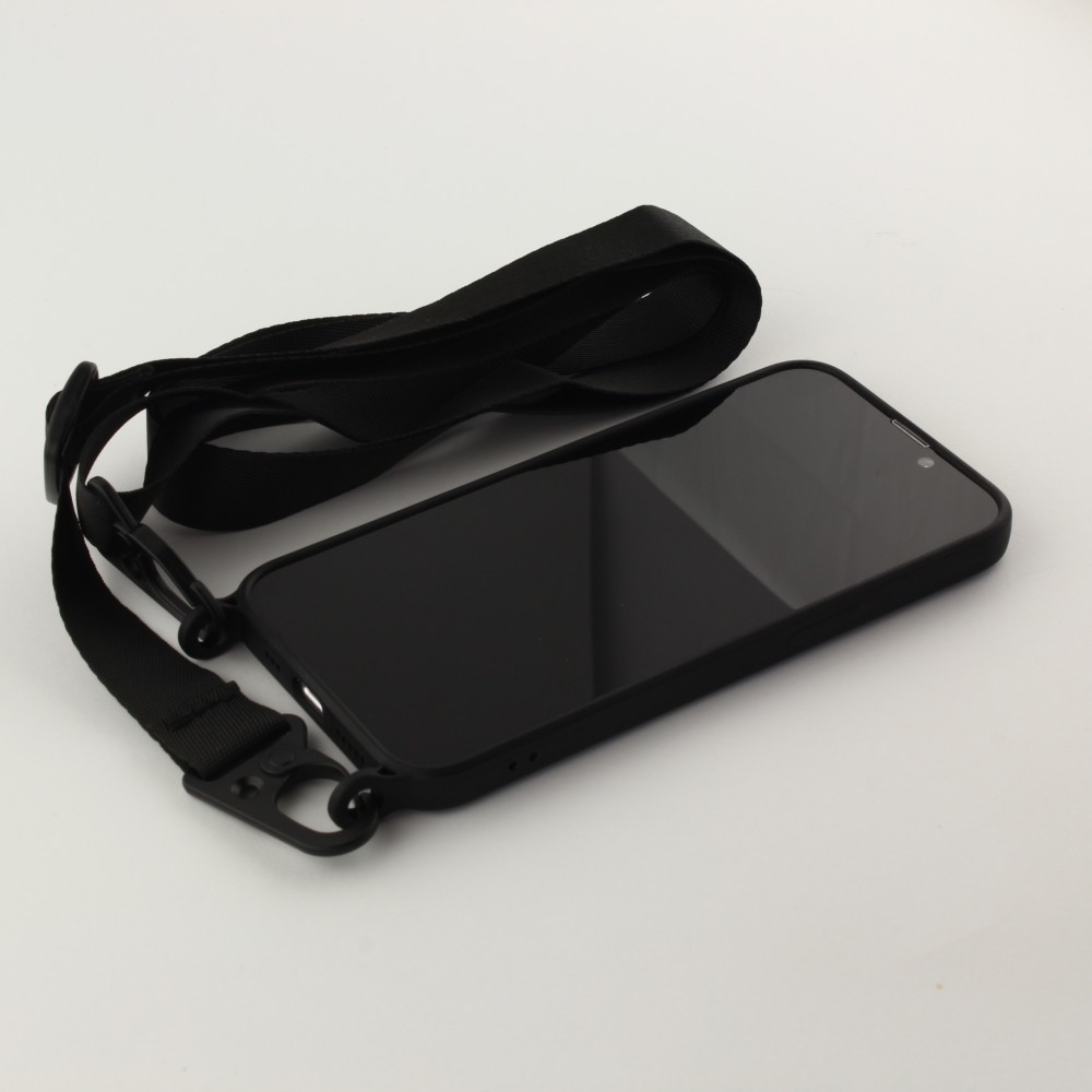 Coque iPhone 13 Pro - Silicone avec lanière et crochet - Noir