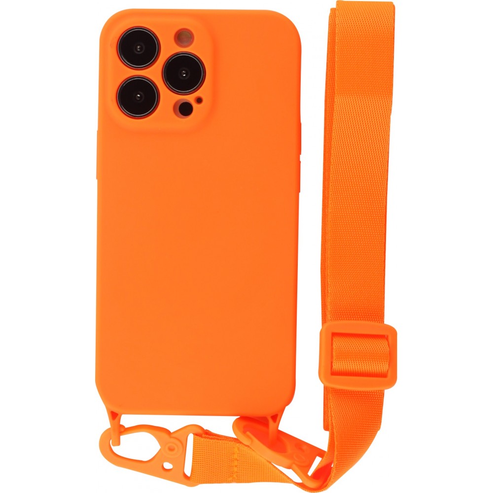 Coque iPhone 13 Pro Max - Silicone avec lanière et crochet - Orange