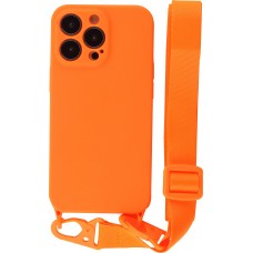 Coque iPhone 13 Pro - Silicone avec lanière et crochet - Orange