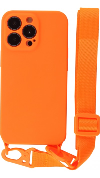 Coque iPhone 13 Pro - Silicone avec lanière et crochet - Orange