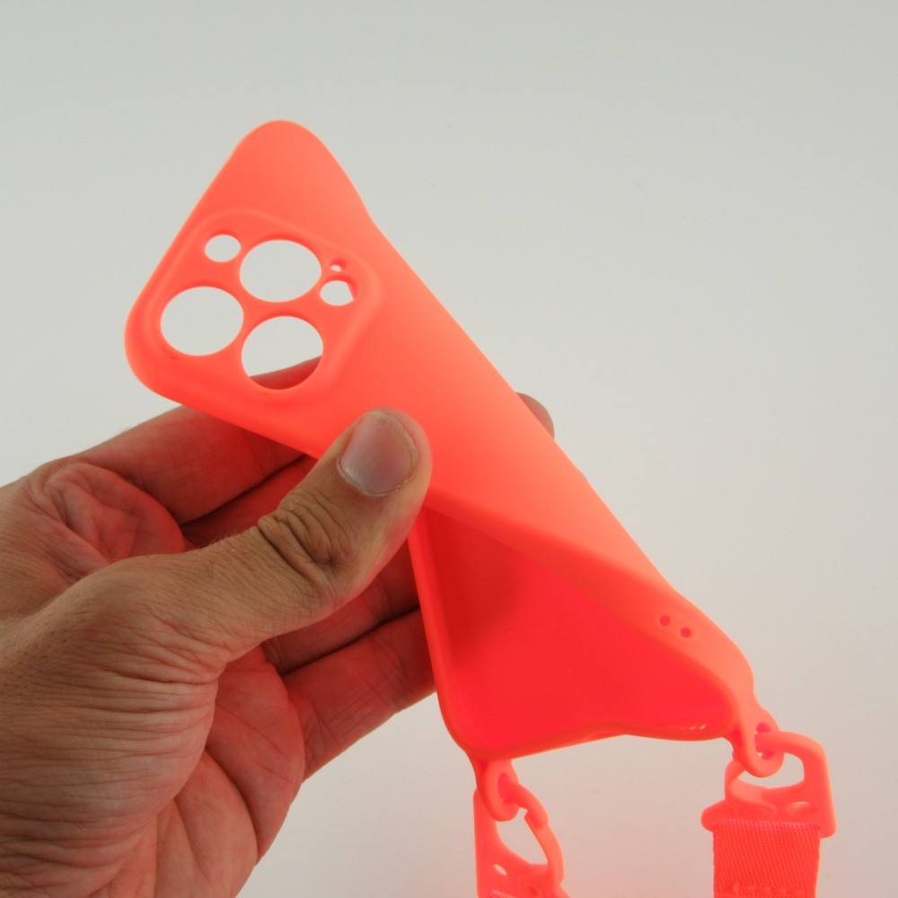 Coque iPhone 13 Pro - Silicone avec lanière et crochet - Orange