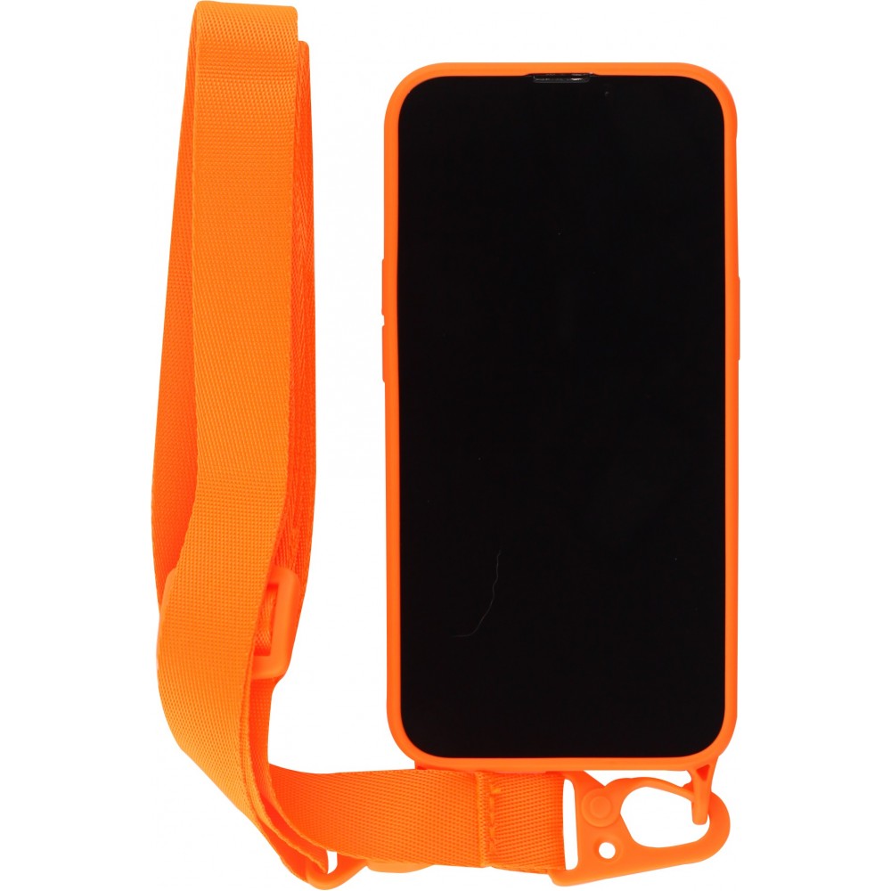 Coque iPhone 13 Pro - Silicone avec lanière et crochet - Orange