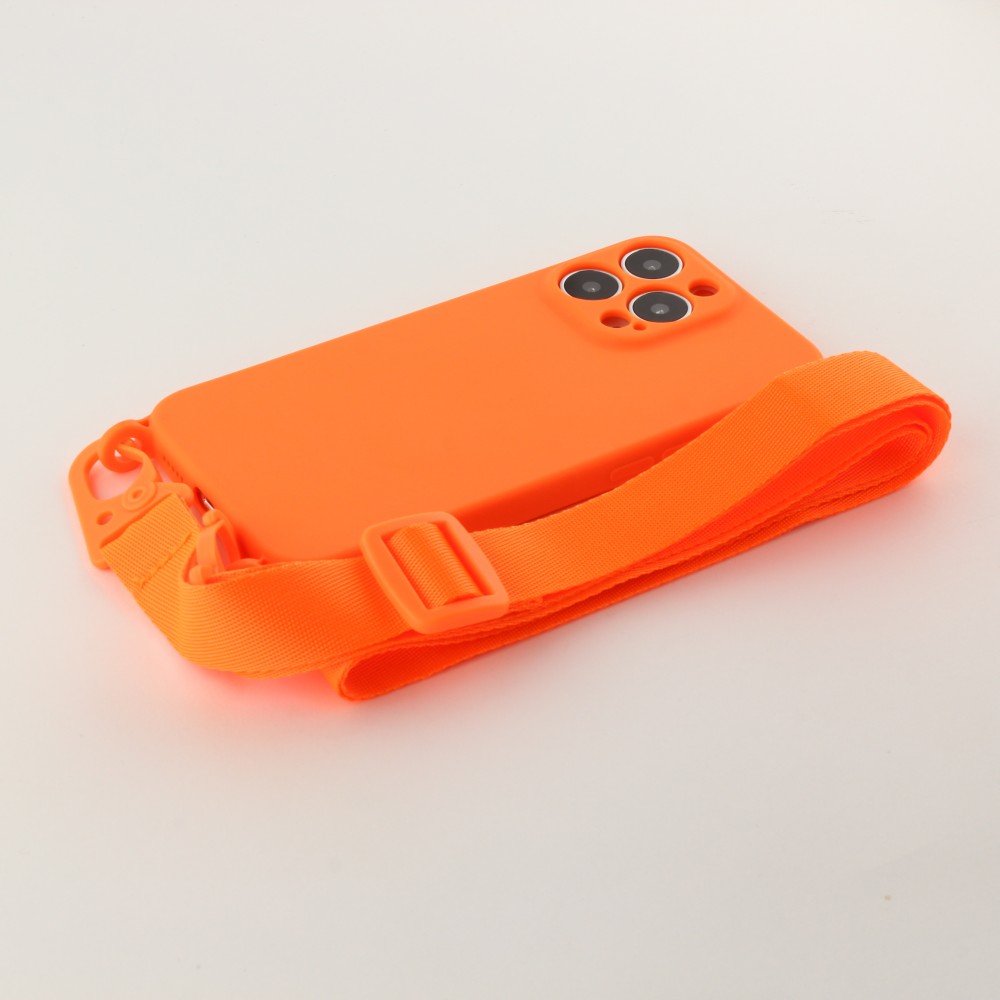 Coque iPhone 13 Pro - Silicone avec lanière et crochet - Orange
