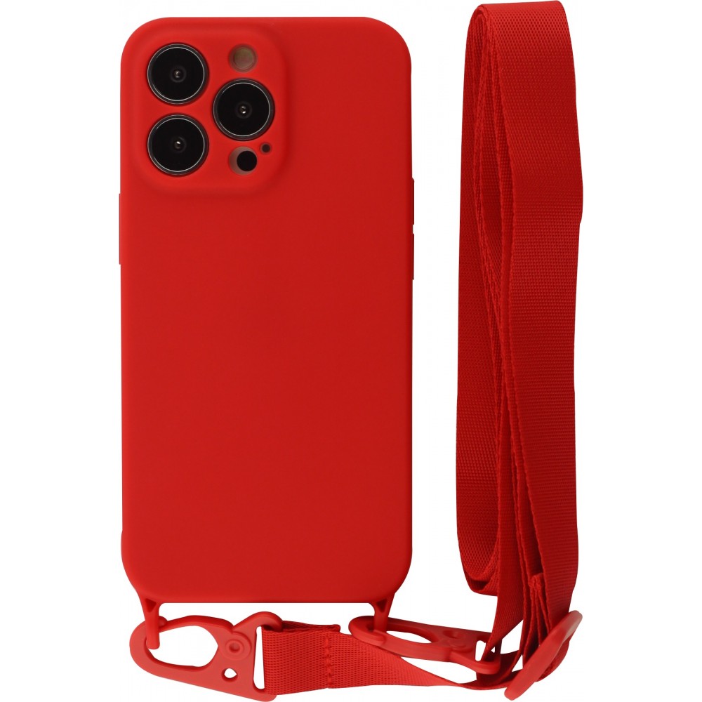 Coque iPhone 13 Pro Max - Silicone avec lanière et crochet - Rouge