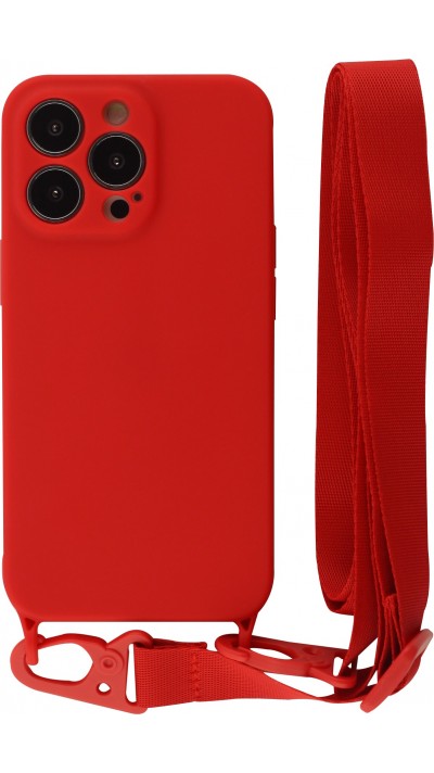 Coque iPhone 13 Pro - Silicone avec lanière et crochet - Rouge