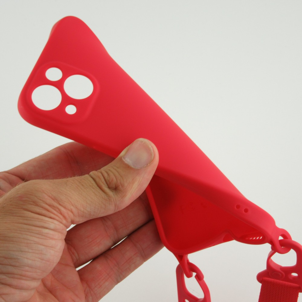 Coque iPhone 13 Pro - Silicone avec lanière et crochet - Rouge
