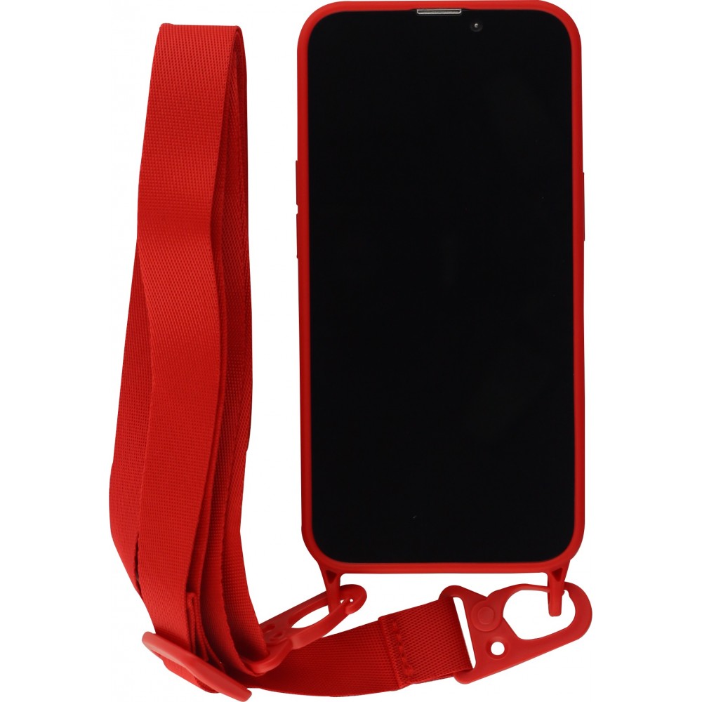 Coque iPhone 13 Pro Max - Silicone avec lanière et crochet - Rouge