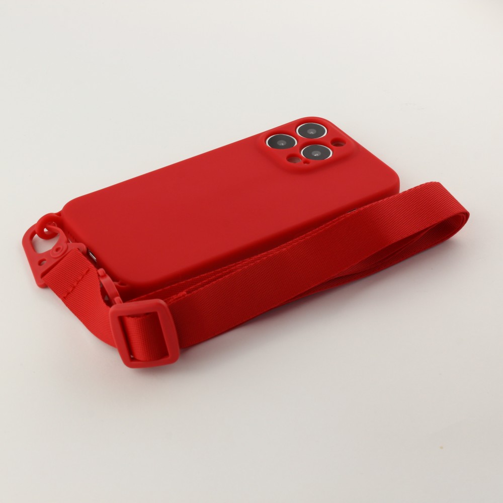 Coque iPhone 13 Pro - Silicone avec lanière et crochet - Rouge