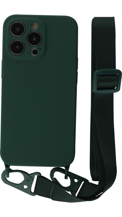 Coque iPhone 13 Pro Max - Silicone avec lanière et crochet - Vert foncé