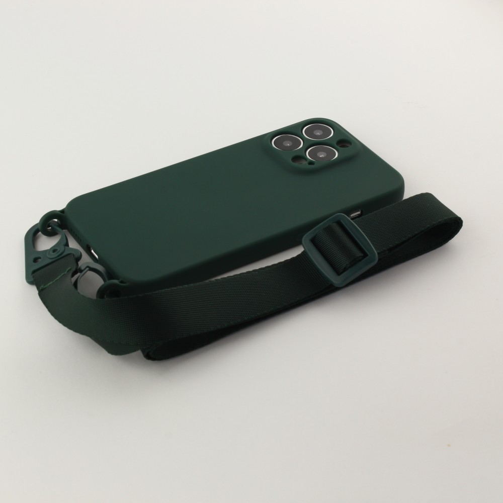 iPhone 13 Pro Max Case Hülle - Silikon mit Kordel und Haken - Dunkelgrün