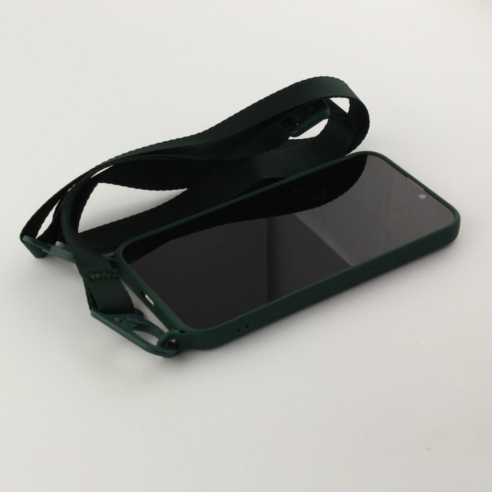 Coque iPhone 13 Pro - Silicone avec lanière et crochet - Vert foncé