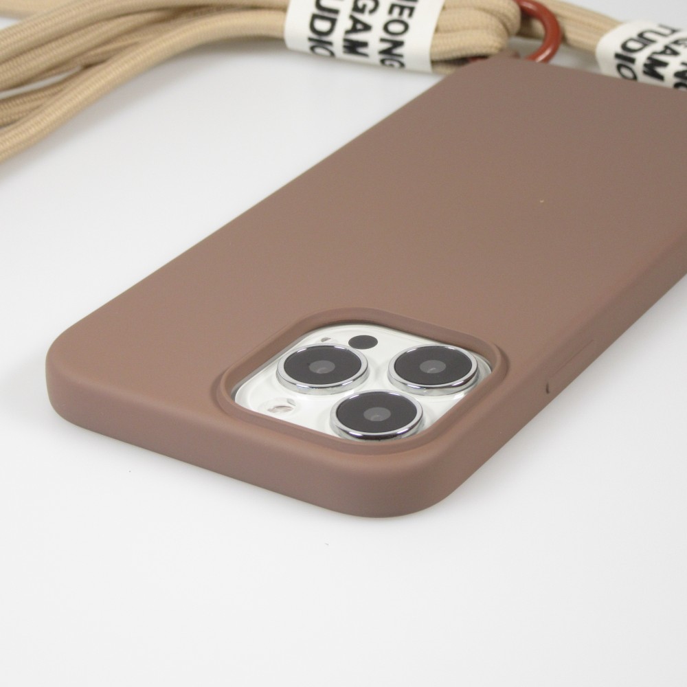 iPhone 13 Pro Max Case Hülle - Silikon Fashion Jeong Gam Studio Laugh Often mit Umhängeseil - Braun