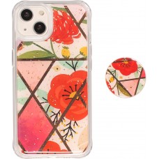 Coque iPhone 13 - Silicone Gel stripes géométriques avec support de doigt à 3 positions - Flowers - Rouge