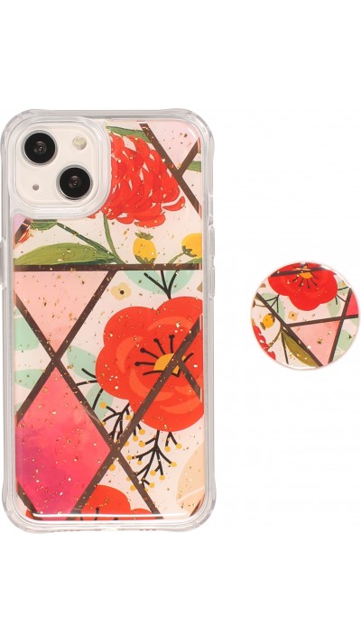 iPhone 13 Case Hülle - Silikon Gel geometrische Streifen mit 3 stufigem Fingerhalter - Flowers - Rot