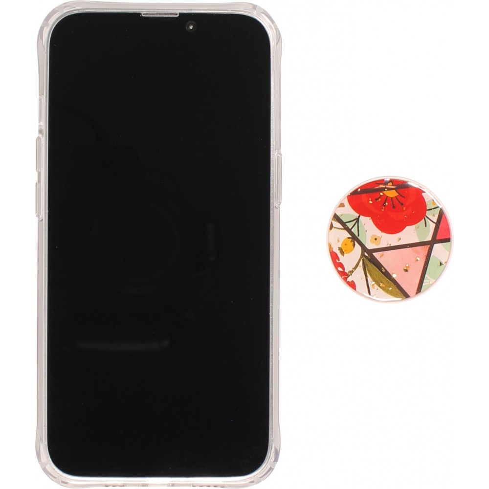 Coque iPhone 13 - Silicone Gel stripes géométriques avec support de doigt à 3 positions - Flowers - Rouge