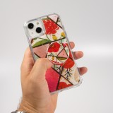 Coque iPhone 13 - Silicone Gel stripes géométriques avec support de doigt à 3 positions - Flowers - Rouge