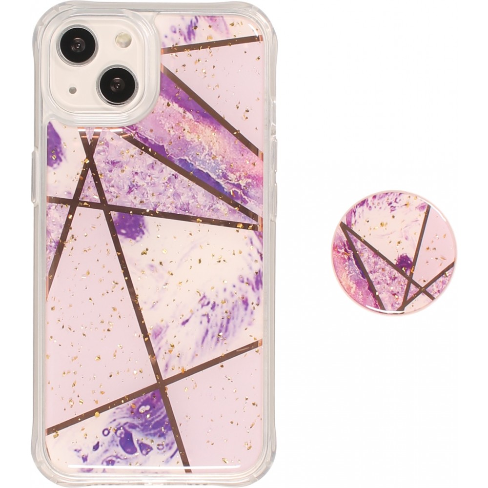 Coque iPhone 13 - Silicone Gel stripes géométriques avec support de doigt à 3 positions - Galaxy - Violet clair