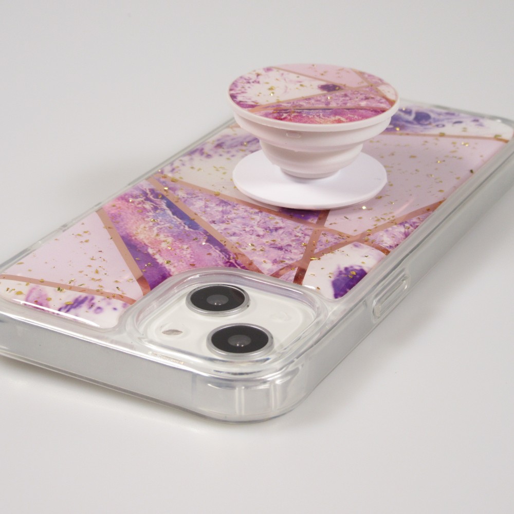 iPhone 13 Case Hülle - Silikon Gel geometrische Streifen mit 3 stufigem Fingerhalter - Galaxy - Hellviolett