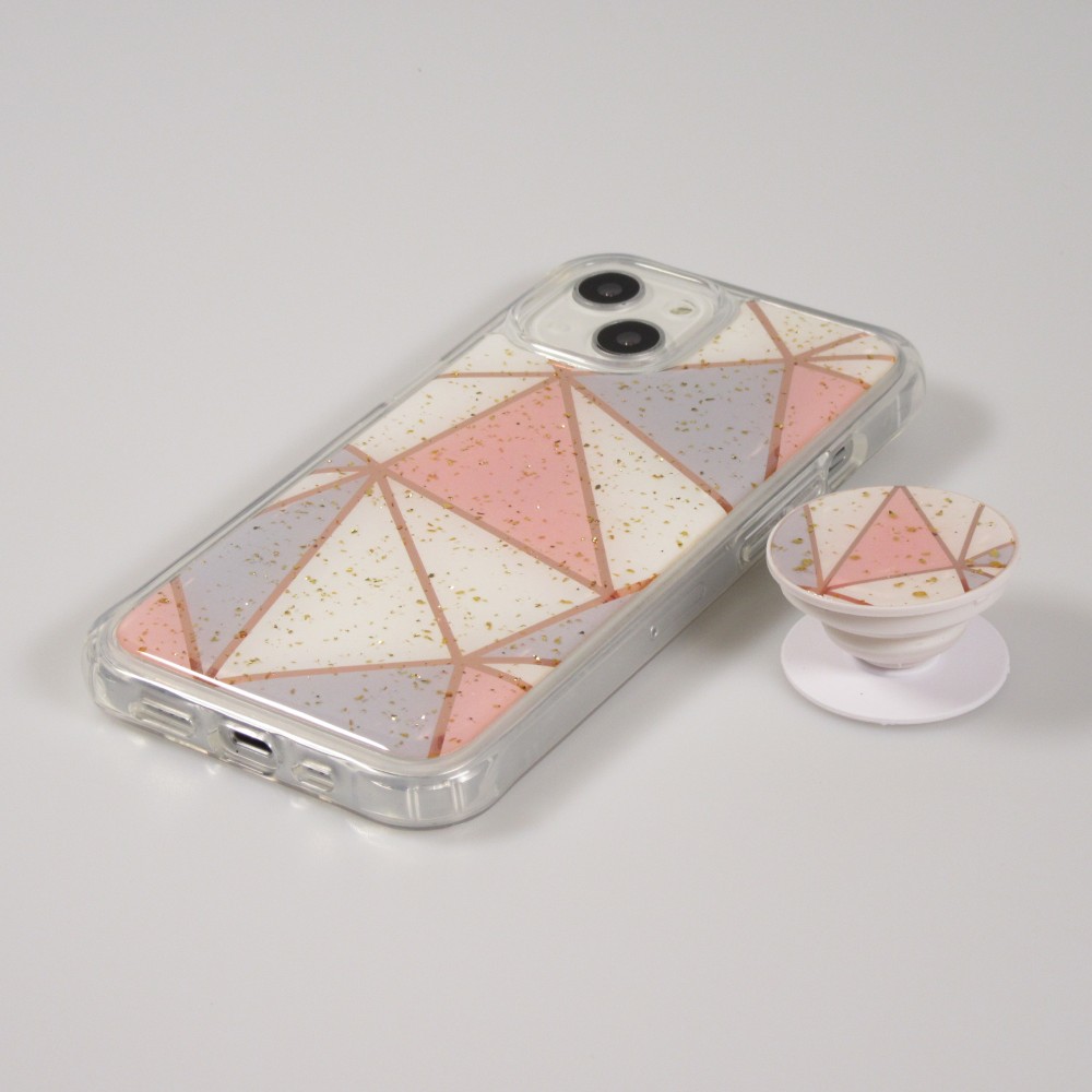 iPhone 13 Case Hülle - Silikon Gel geometrische Streifen mit 3 stufigem Fingerhalter - Glitter - Pastell