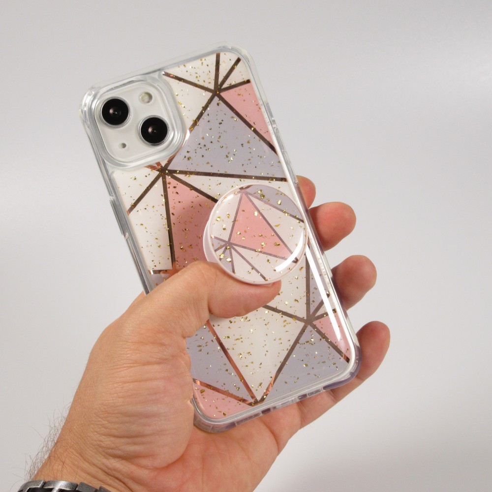 iPhone 13 Case Hülle - Silikon Gel geometrische Streifen mit 3 stufigem Fingerhalter - Glitter - Pastell