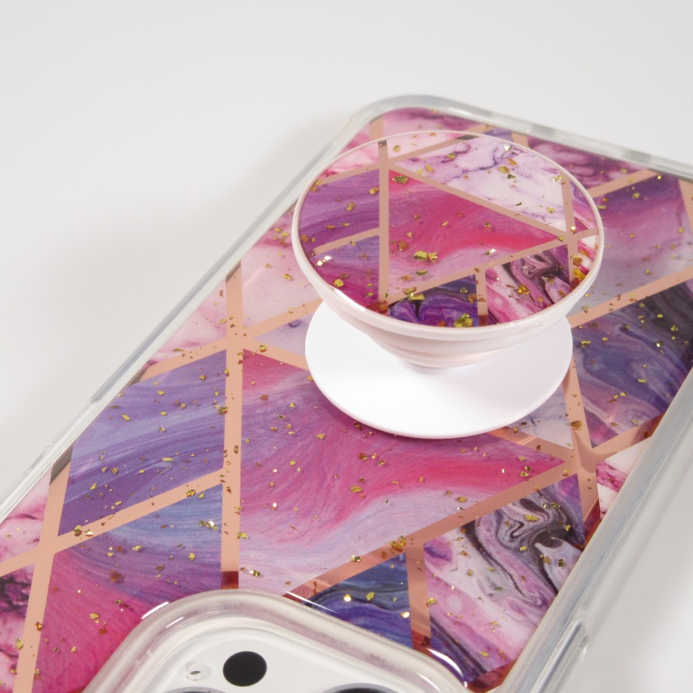 iPhone 13 Case Hülle - Silikon Gel geometrische Streifen mit 3 stufigem Fingerhalter - Liquid - Violett