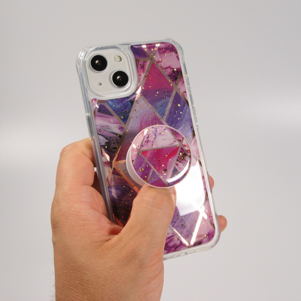 Coque iPhone 13 - Silicone Gel stripes géométriques avec support de doigt à 3 positions - Liquid - Violet