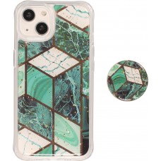 Coque iPhone 13 - Silicone Gel stripes géométriques avec support de doigt à 3 positions - Marble - Turquoise