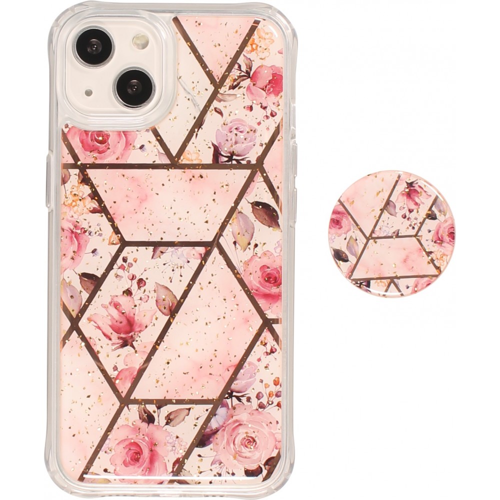 iPhone 13 Case Hülle - Silikon Gel geometrische Streifen mit 3 stufigem Fingerhalter - Roses - Rosa