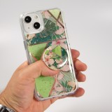 Coque iPhone 13 - Silicone Gel stripes géométriques avec support de doigt à 3 positions - Spring Flowers - Vert