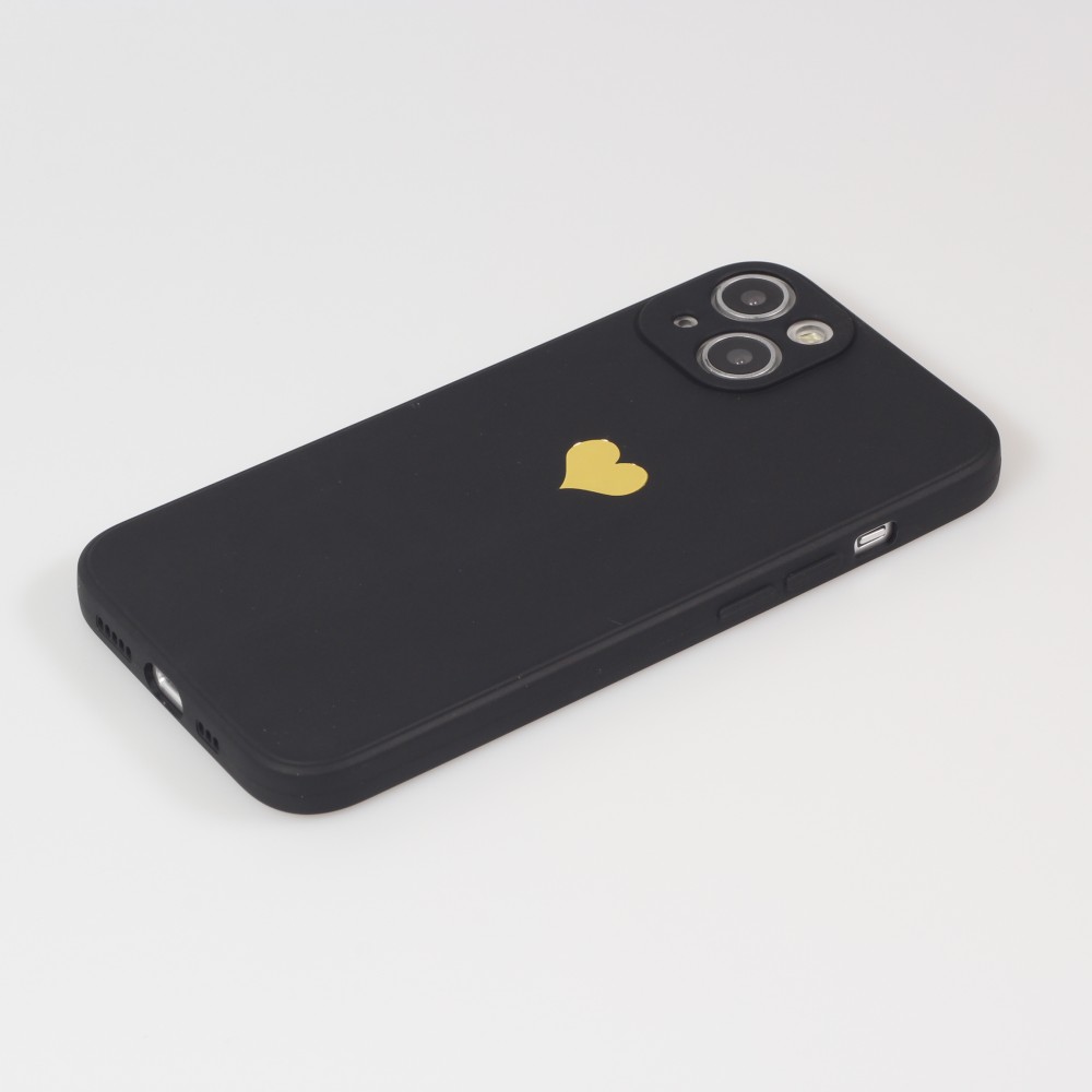 Coque iPhone 13 - Silicone Mat Coeur doré - Noir