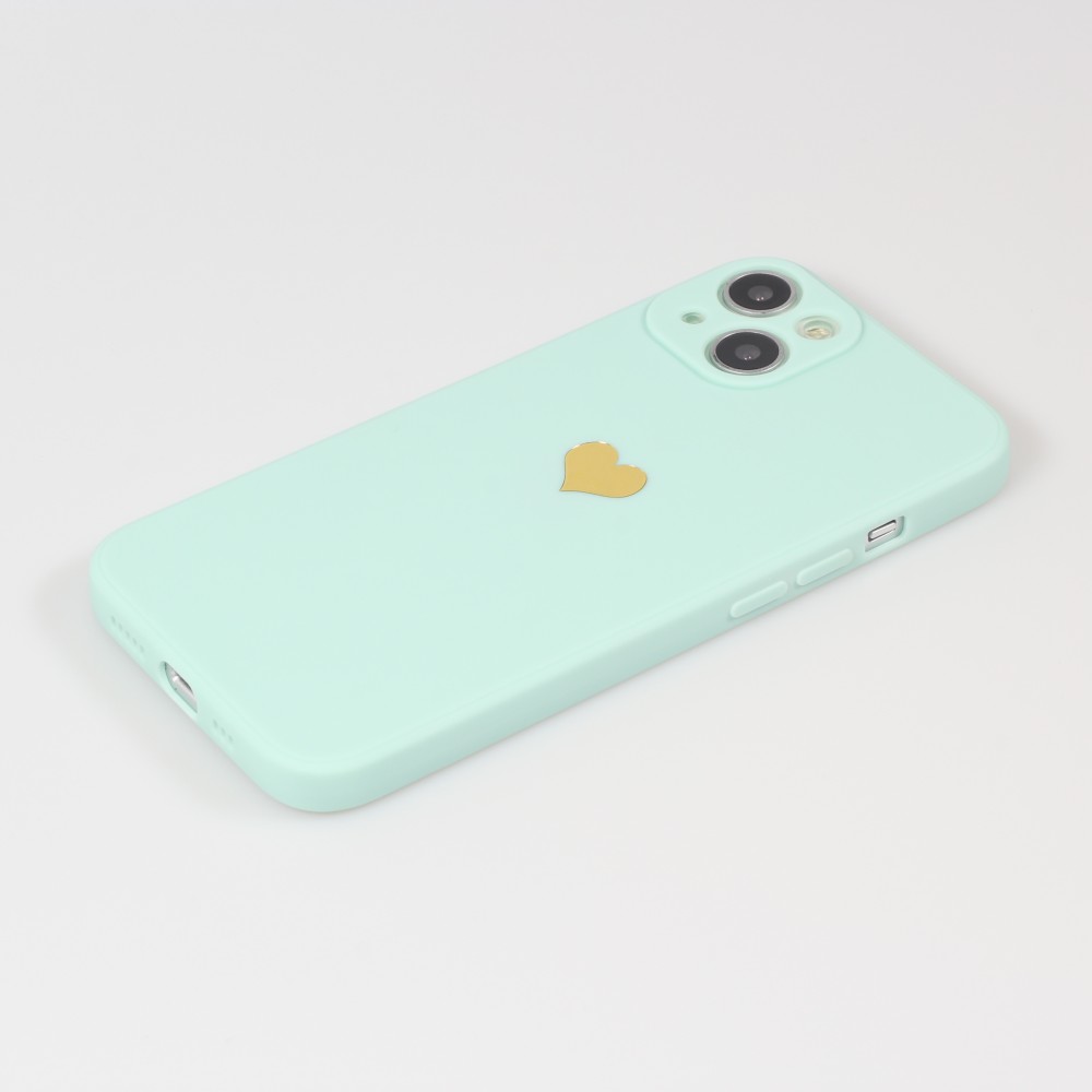 Coque iPhone 13 - Silicone Mat Coeur doré - Turquoise