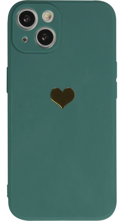 Coque iPhone 13 - Silicone Mat Coeur doré - Vert foncé