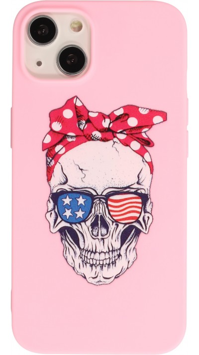 Hülle iPhone 13 mini - Silikonmatte Skull USA - Rosa