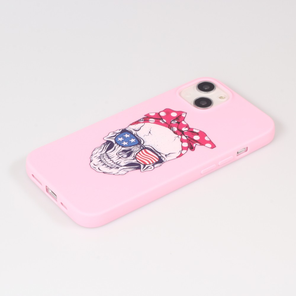 Hülle iPhone 13 - Silikonmatte Skull USA - Rosa