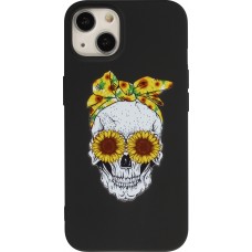 Coque iPhone 13 - Silicone Mat Skull flowers - Noir
