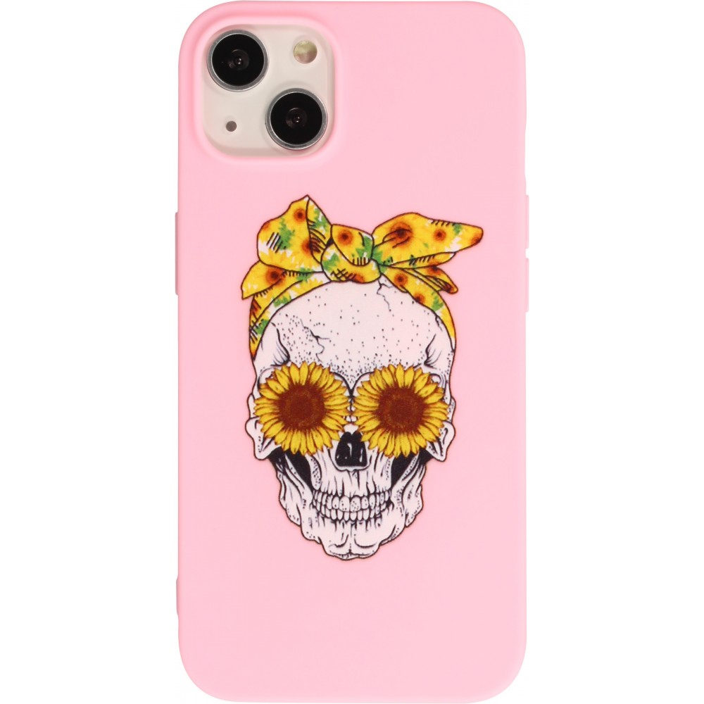 Coque iPhone 13 mini - Silicone Mat Skull flowers - Rose