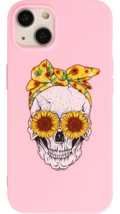 Hülle iPhone 13 mini - Silikonmatte Skull flowers - Rosa
