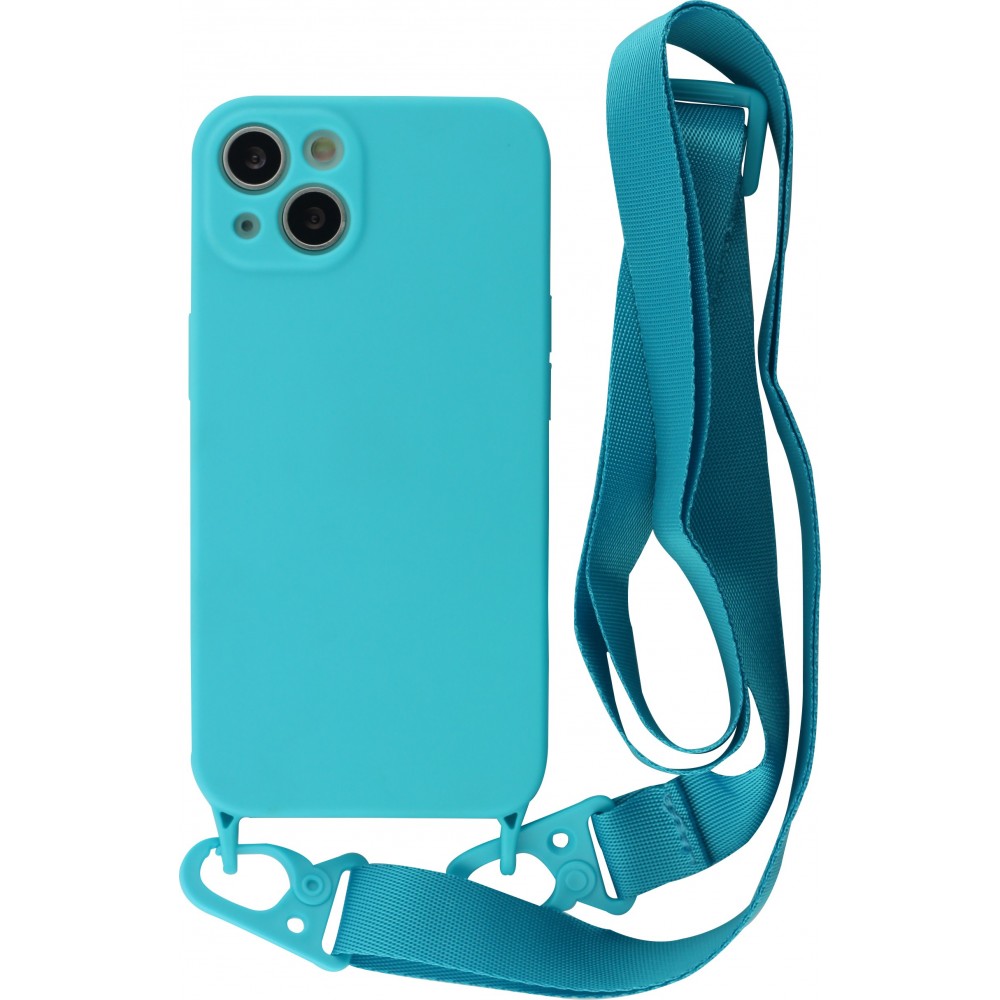 Coque iPhone 13 - Silicone avec lanière et crochet - Bleu clair