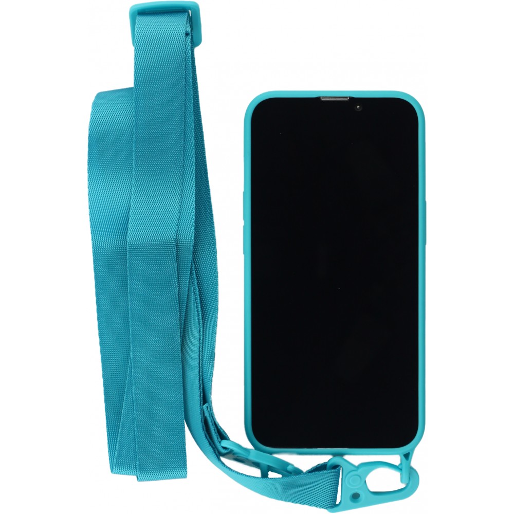 Coque iPhone 13 mini - Silicone avec lanière et crochet - Bleu clair