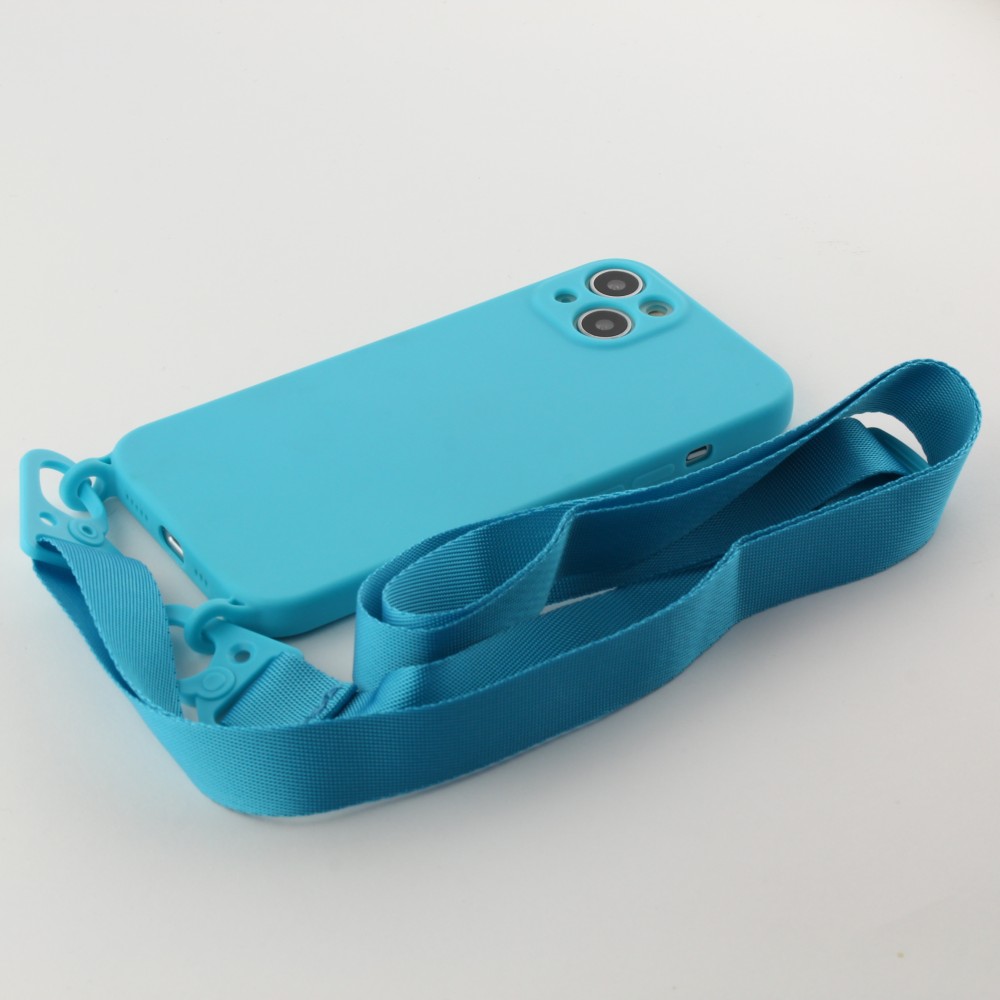 Coque iPhone 13 - Silicone avec lanière et crochet - Bleu clair