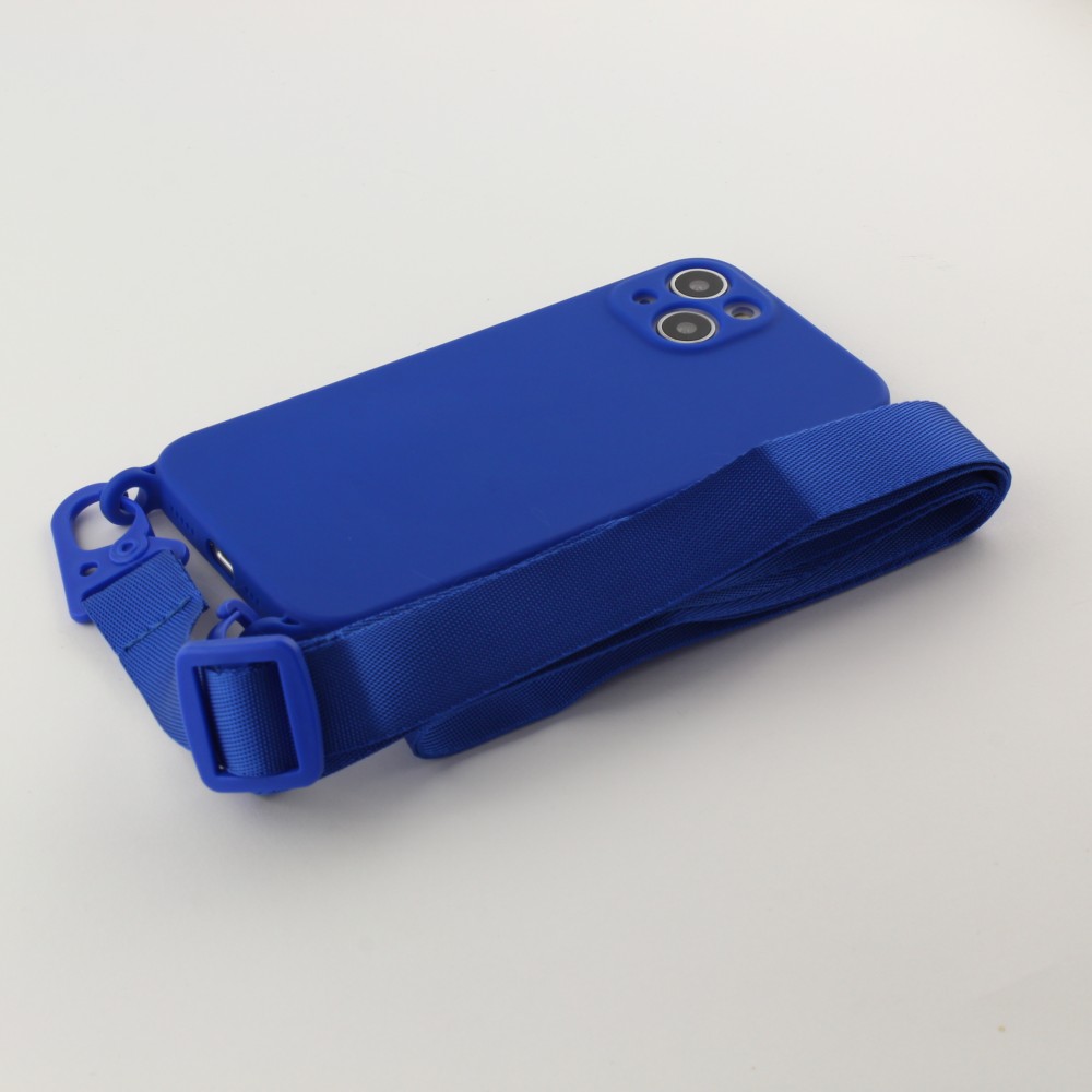 Coque iPhone 13 mini - Silicone avec lanière et crochet - Bleu foncé