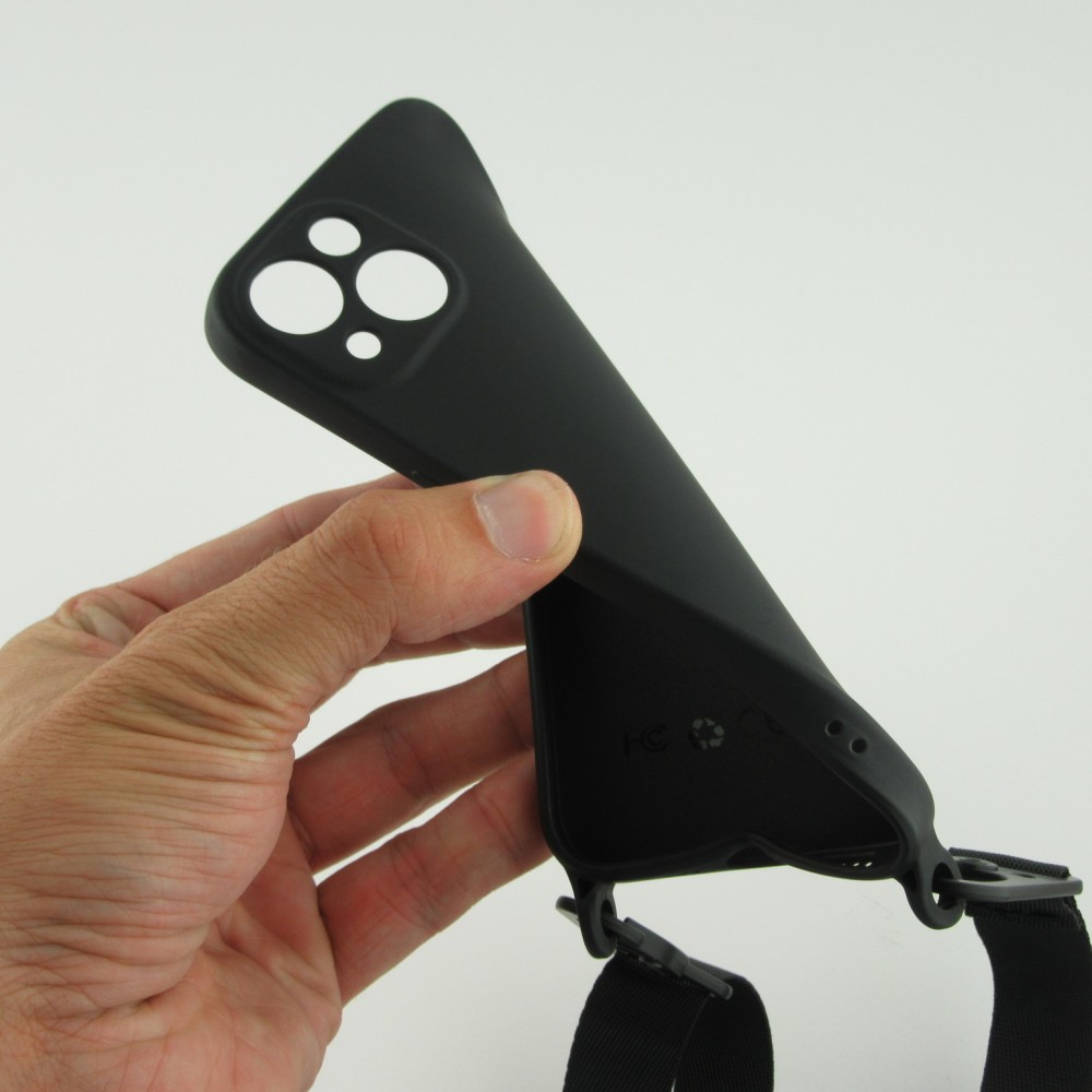 Coque iPhone 13 mini - Silicone avec lanière et crochet - Noir
